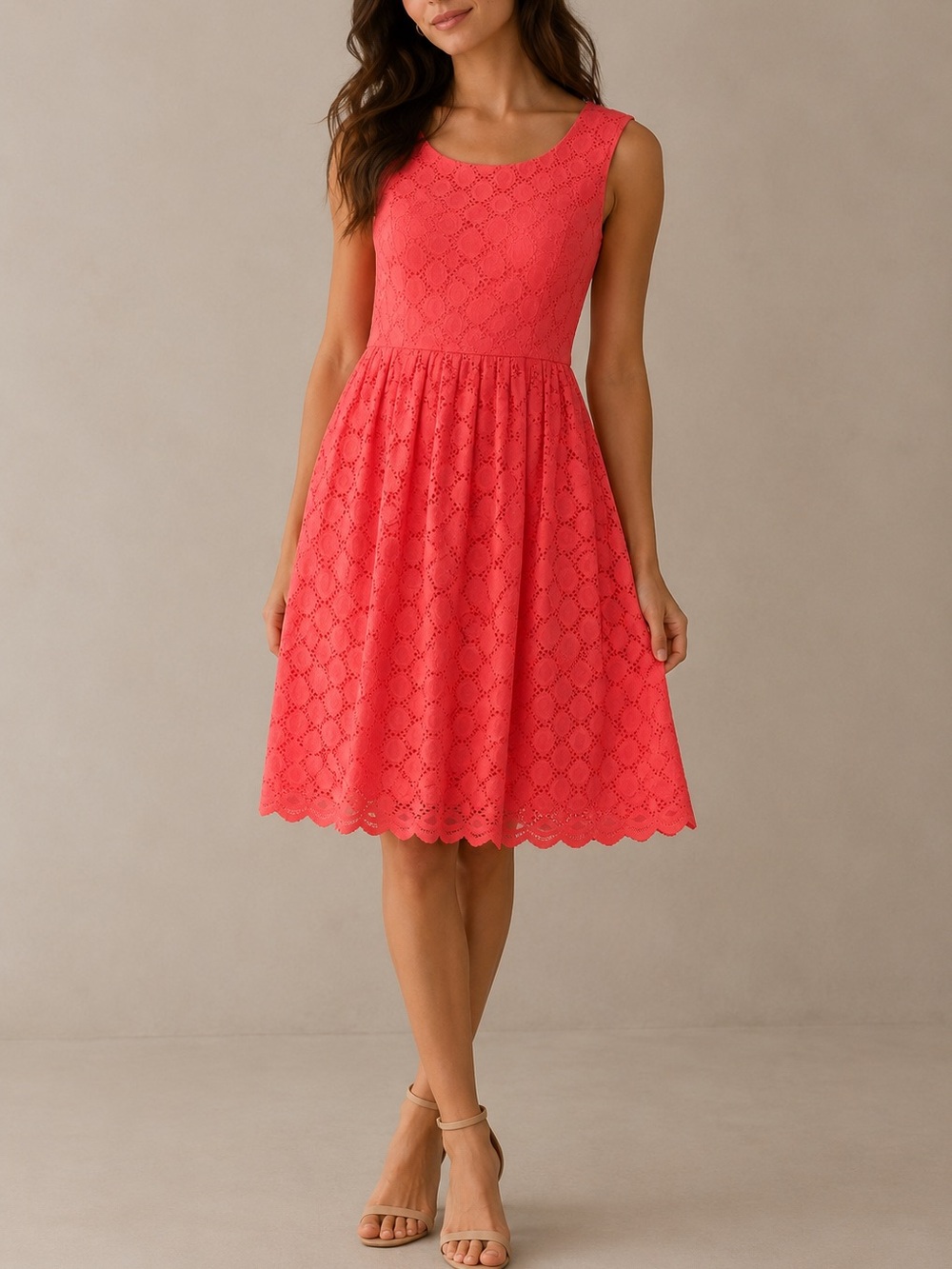 Ronni Nicole Size 8 Coral Eyelet Lace Fit & Flare Knee Length Dress